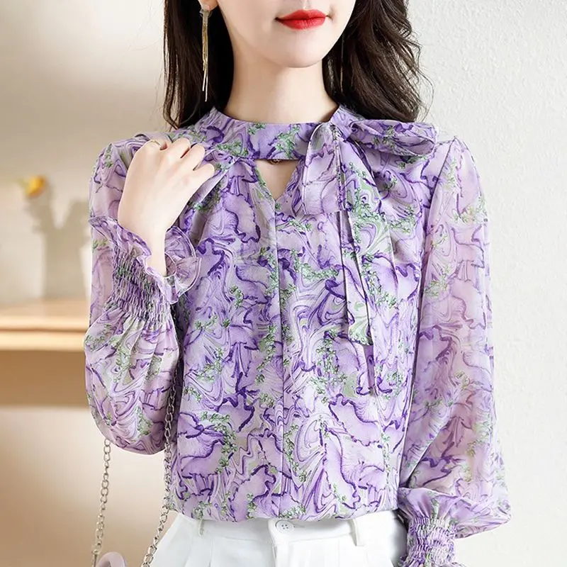 Korean Elegant Women\'s Long Sleeve Printed Chiffon Blouse Fashion Loose Round Neck Lace Up Shirt Spring Autumn Female Clothing