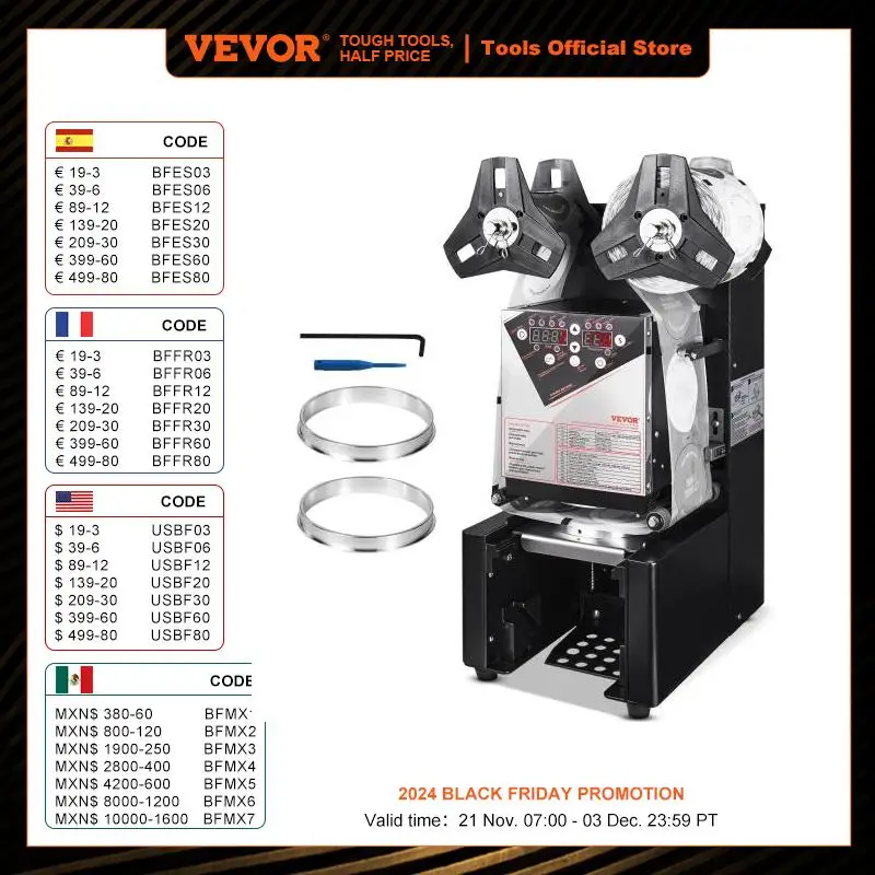 VEVOR Fully Automatic Cup Sealing Machine 500-650 Cups/H Cup Sealer Machine for 90/95mm PP/PE/Paper Milk tea/Coffee Cup Boba Tea