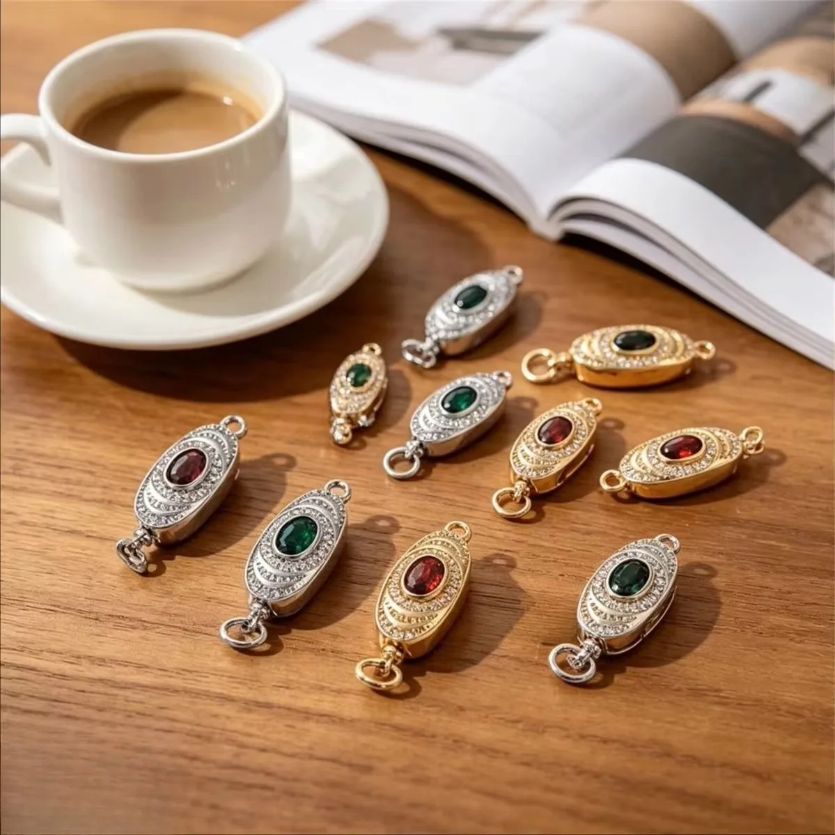 Brass 14K Gold Plated Red Green CZ Ingot Stick Clasp Universal Pearl Connector DIY Necklace Accessories