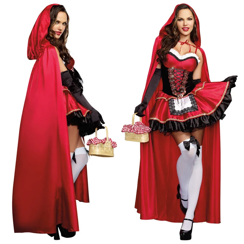 Halloween Cosplay Little Red Riding Hood Outfit Costume Adult Women Fancy Dress Hen Party Dress Cape Set Outfit