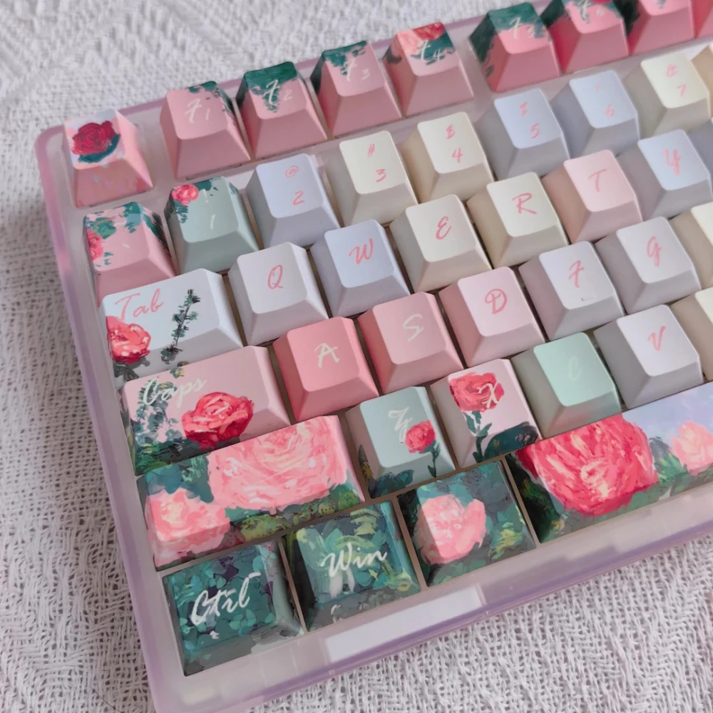 Imagem -04 - Rose Garden Keycap para Teclado Cereja Pbt Processo de Sublimação de Cinco Lados Lindo Castelo Flor Rosa Romance 145 Chaves