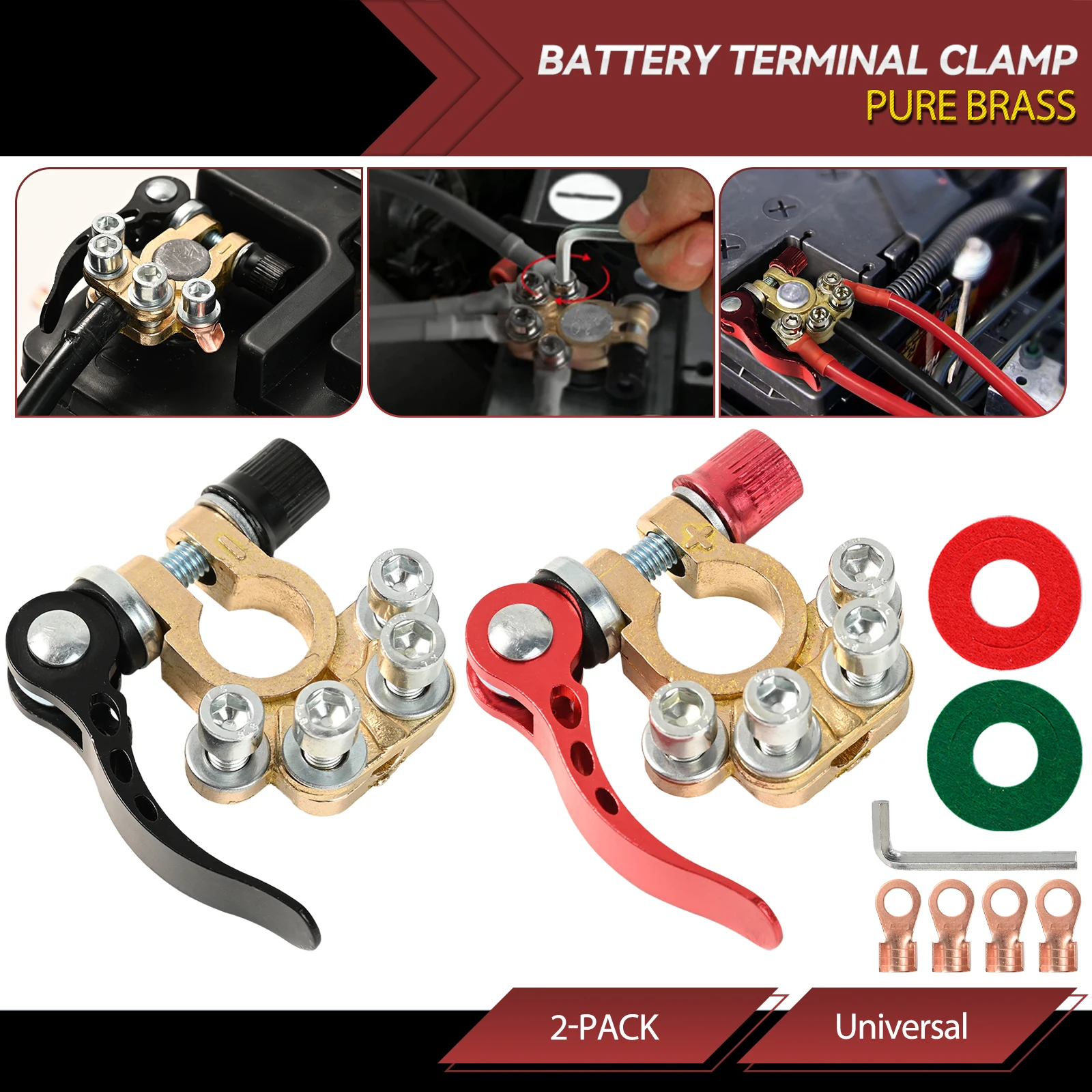 2Pcs Car Battery Terminal Connectors 4 Way Quick Release Adjust Disconnect Terminal Clip Positive Negative Pole 8 Terminals Tool