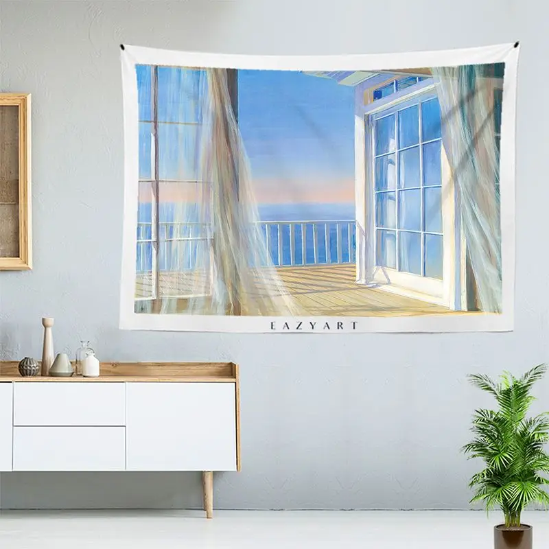 VIKAMA Seascape French Window Tapestry Background Cloth Wall Decoration Living Room Background Wall Room Decoration