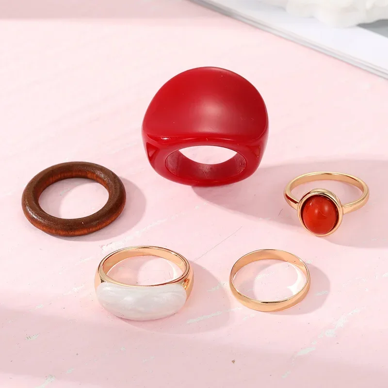 5Pcs Retro Rings Set for Woman Red Green Resin Gold Color Ring Pink Butterfly Flower Enamel Jewelry image 4