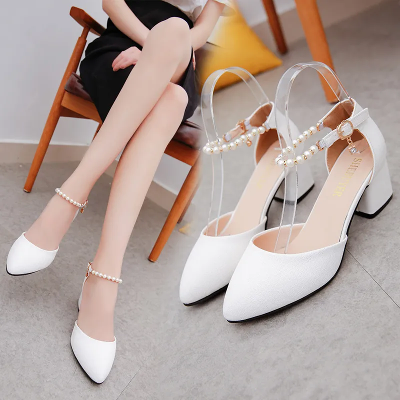 Luxury Pumps Women Wedding Bride Spring Summer Female Shoes Shallow Baotou Sandals Rough With 6cm High Heels Thick Middle Heel