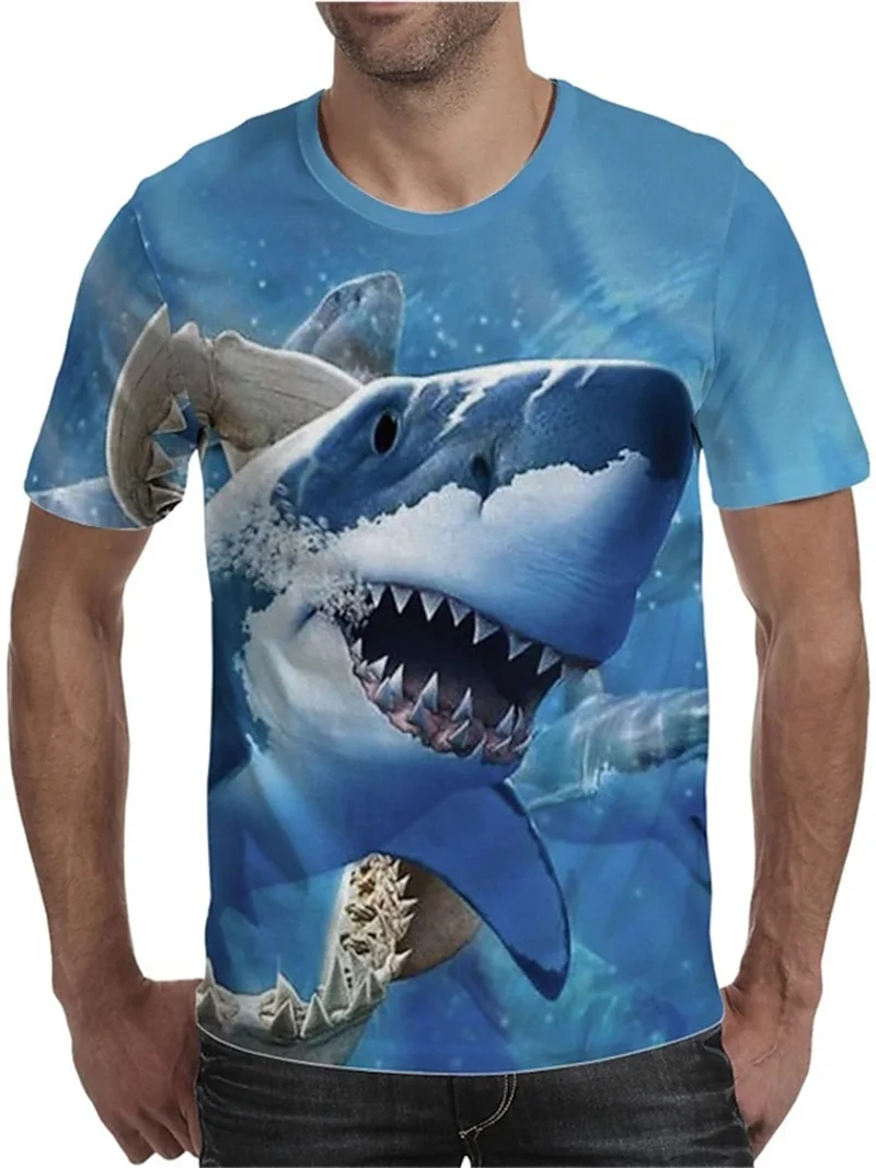 Men\'s Funny Cat And Shark T Shirt Tops 3D Print Short Sleeve Crew Neck Animal Tee Shirts New In Oversized T Shirts Clothes