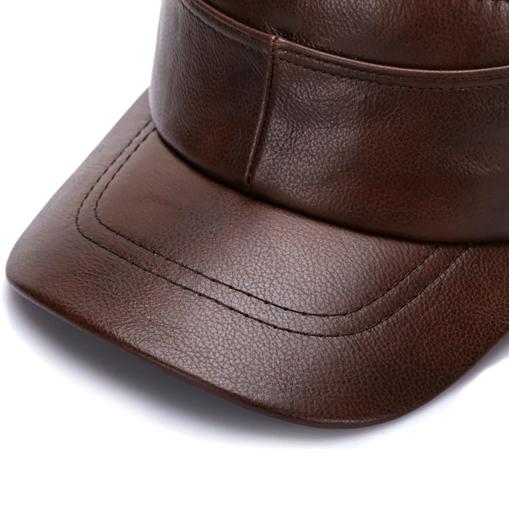 New Real Cow Leather Flat Cap Earflap Cap Men Real Leather Hats Fall Winter male 100% Genuine Real Cowhide Leather Military Caps