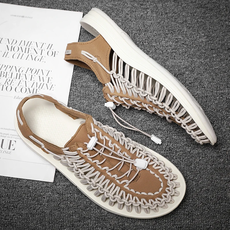 Summer Men Sandals Fashion Handmade Weaving Design Beach Sandals Breathable Casual Flat Sandals Outdoor Couples Sandals Size 48