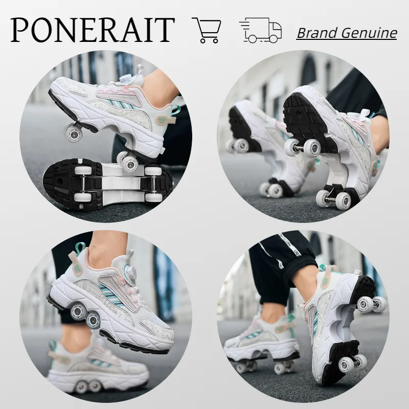 PONERAIT Roller Skate Shoe Retractable One Click Folding Double-Row Deform Dual-Use Sneaker Multi-functional Walk Sport Shoe