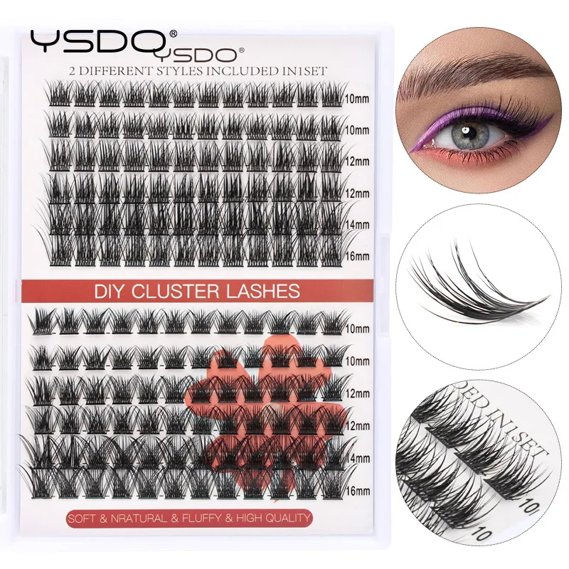 YSDO 12/14 Rows Eyelash Extension DIY Cluster Lashes Heat Bonded Premade Fan Segmented Individual Cluster Lashes Makeup Tools