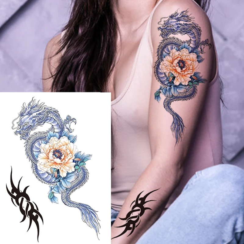 Tatouage temporaire imperméable, autocollant de beauté, fleur, Rose, Flash, Dragon, tigre, serpent, bras d'art corporel, faux tatouage 3D pour femmes, DIY bricolage