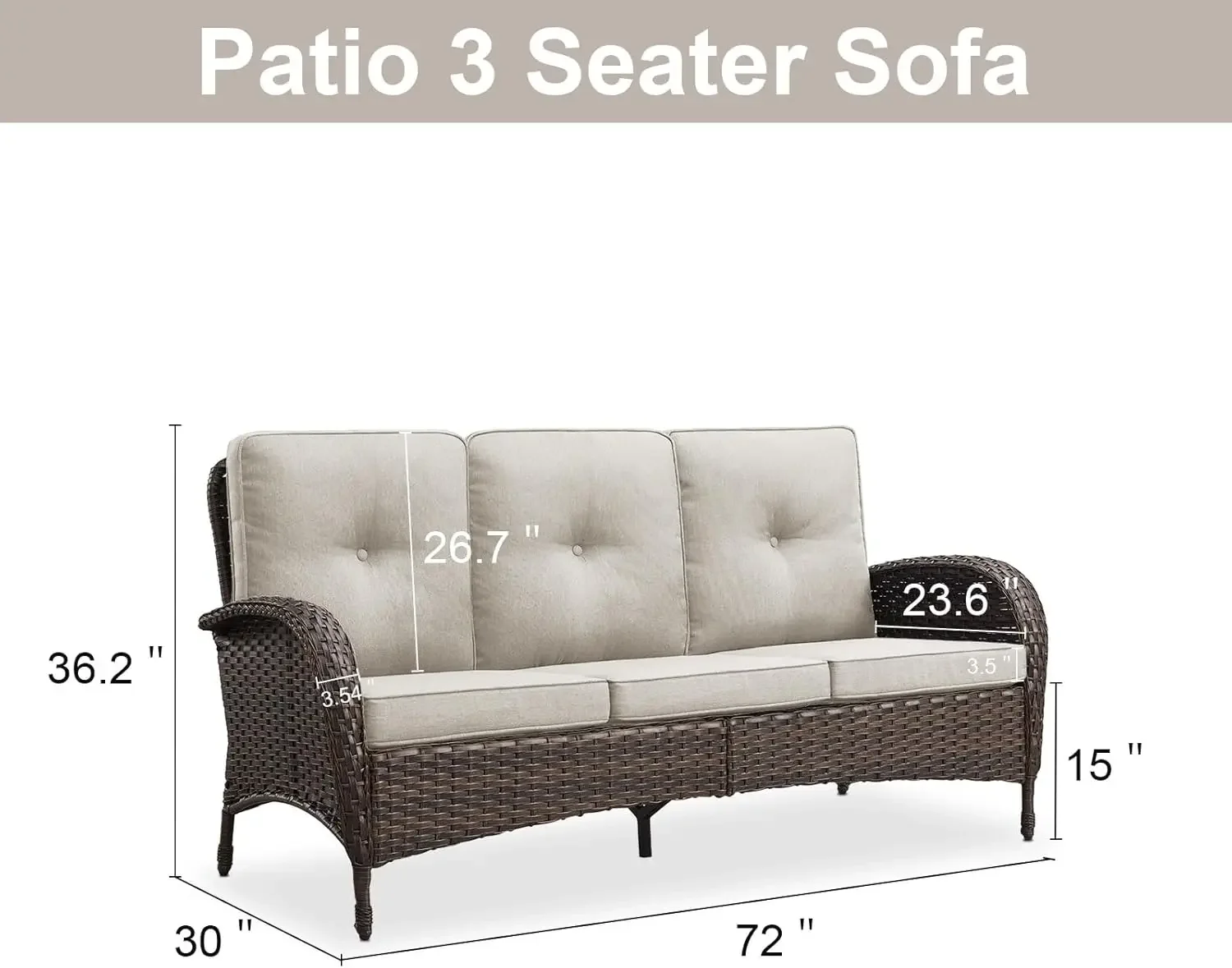 Muebles de patio para sofá de exterior, sofá de mimbre con cojín extraíble, sofá de ratán de 3 plazas con respaldo alto de asiento profundo, todo tipo de clima