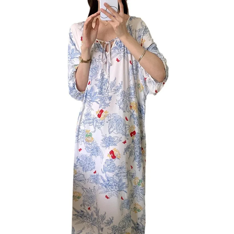 Loose Nightgowns For Women Cotton Silk Sleepshirt Sleepwear Summer New Half Sleeve Floral Home Dress Clothes Women's Nightie