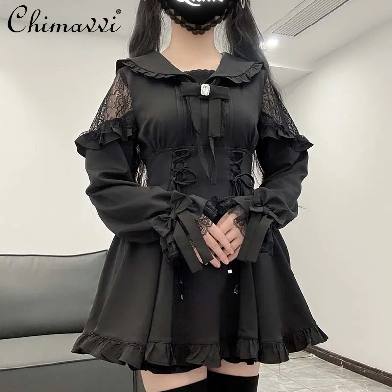 

Japanese Style Lace Black Patchwork Sailor Collar Short Long Sleeve Waist-Cinching Dress Subculture Long Sleeve Lolita Dress