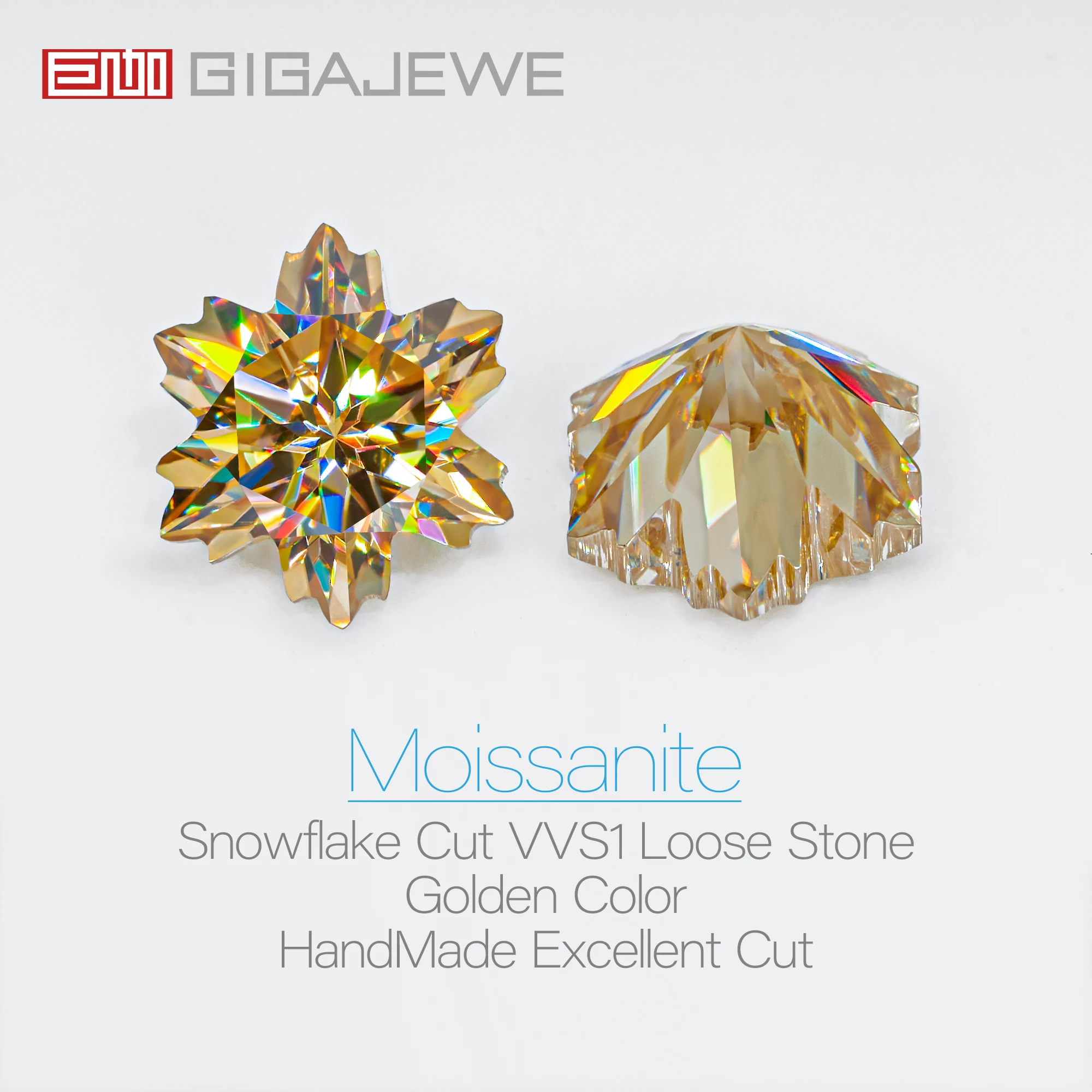 GIGAJEWE Moissanite Snowflake Cut Handmade Golden Color VVS1 Premium Gems Loose Diamond Test Passed Gemstone For Jewelry Making