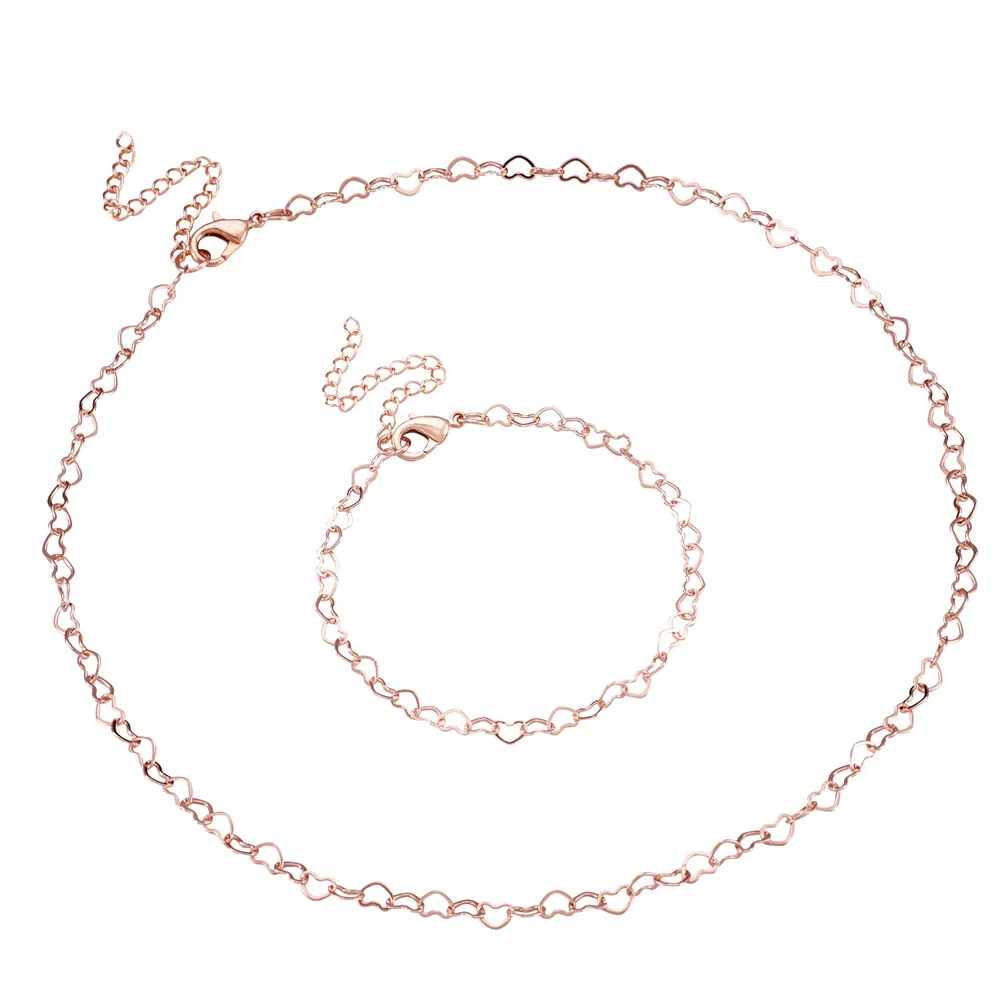 

2pcs/Set Brass Heart Link Chain Bracelets & Necklace Jewelry Set Rose Gold & Silver Color for Making DIY Jewelry Gift 17-39cm