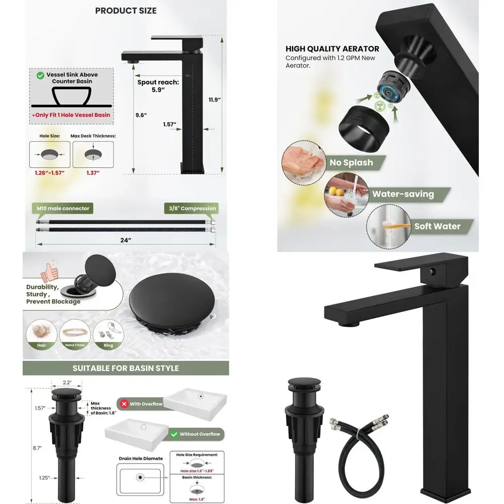 

Modern Matte Black Tall Single Handle Vessel Sink Faucet with Matching Hose & Pop-up Drain, No Overflow