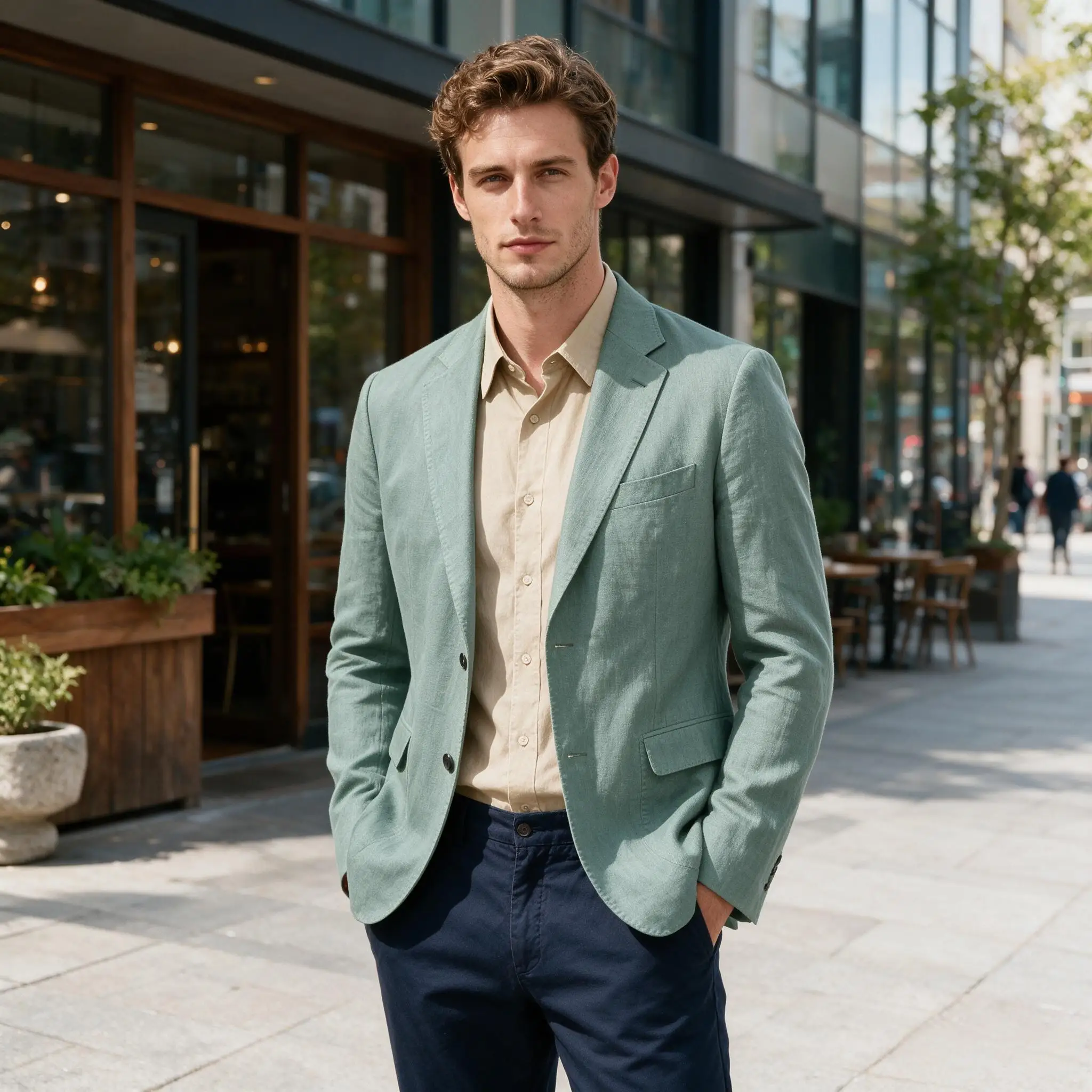 Men Linen Blazer Notched Lapel Single Breasted Slim Fit Casual Suit Jacket Summer Business Wedding Daily Outer Coat