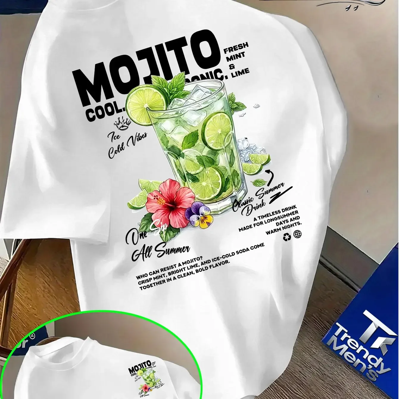 Men's 100% Cotton Mojito Cocktail Lime Flower Print T-Shirt Summer Casual Comfortable Beach T-Shirt