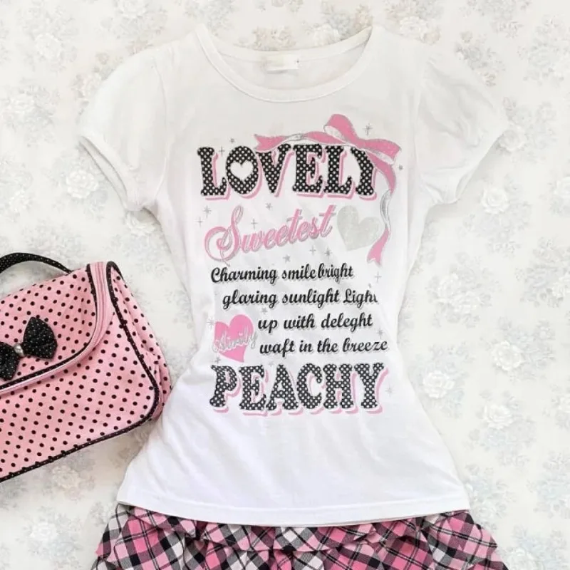 

High Street Fashion Early Vintage O Neck Short Sleeve Clothes Sweet Harajuku Constrast Color Letter Print T Shirt Y2k Casual Tee