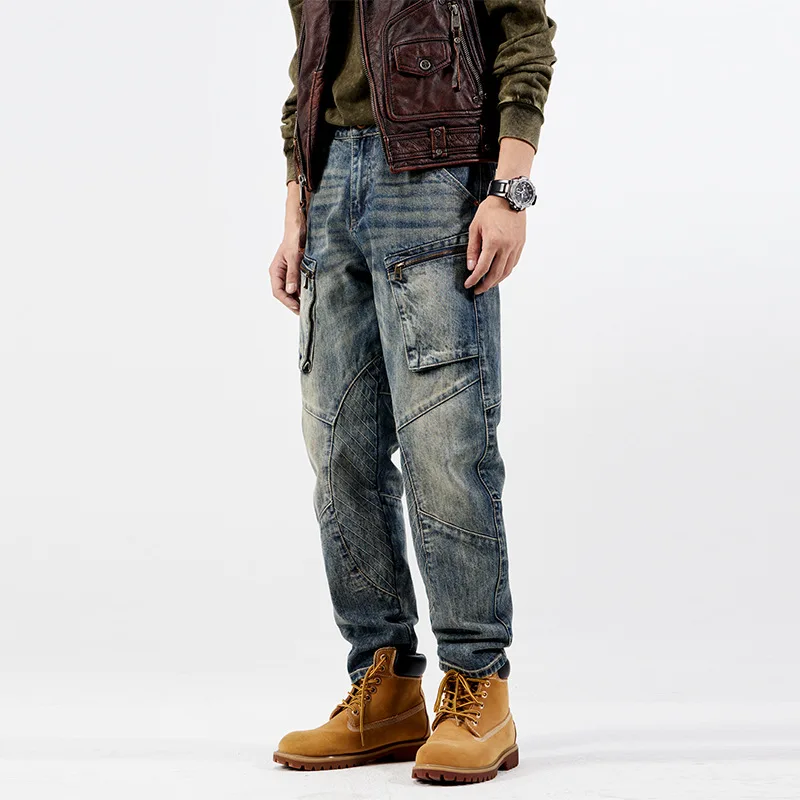 American Vintage Fashion Men's Casual Trendy Simple Basic Loose Elastic Spliced Cargo Denim Trousers Male Jeans Pants Clothes