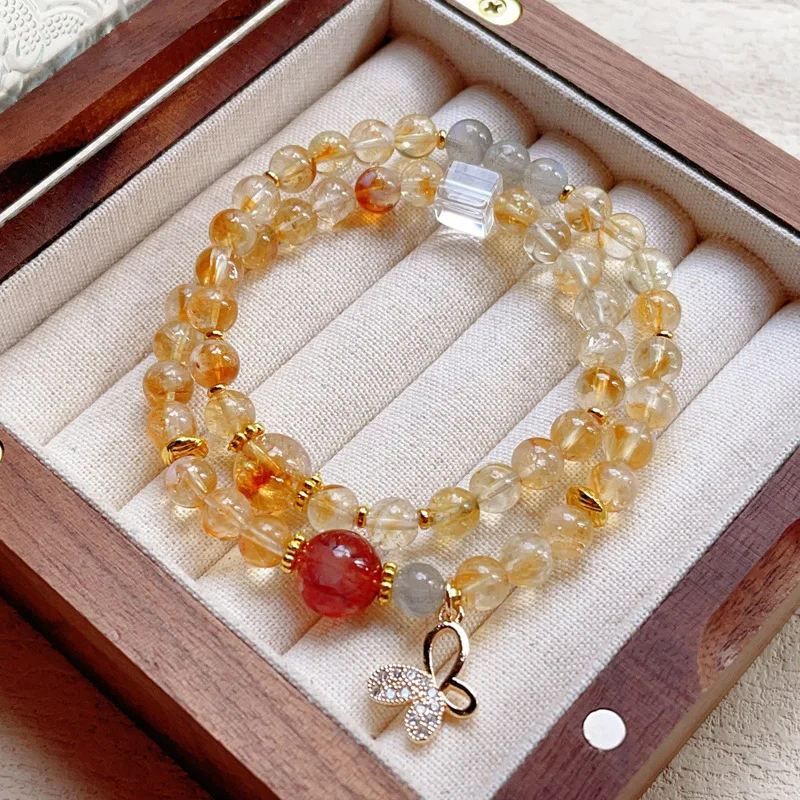 Natural Dual-Layered Yellow Crystal Beaded Bracelet with Red Rutilated Quartz Energy for Abundance and Success Hologram Bracelet