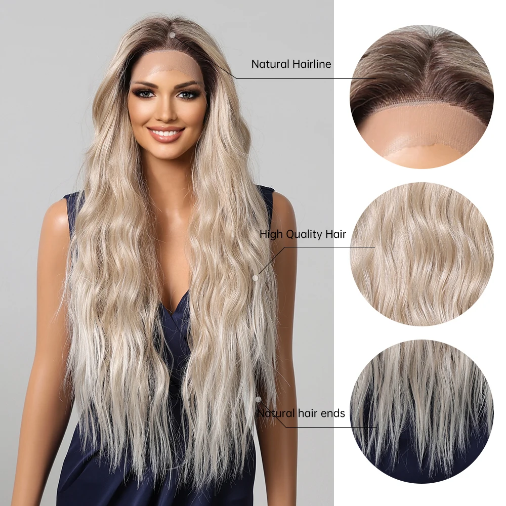 13* 6 Lace Synthetic Wavy Wigs Platinum Blonde for Women 30 Length Dark Root Wig for Natural Daily Use Lace Heat Resistant Fiber