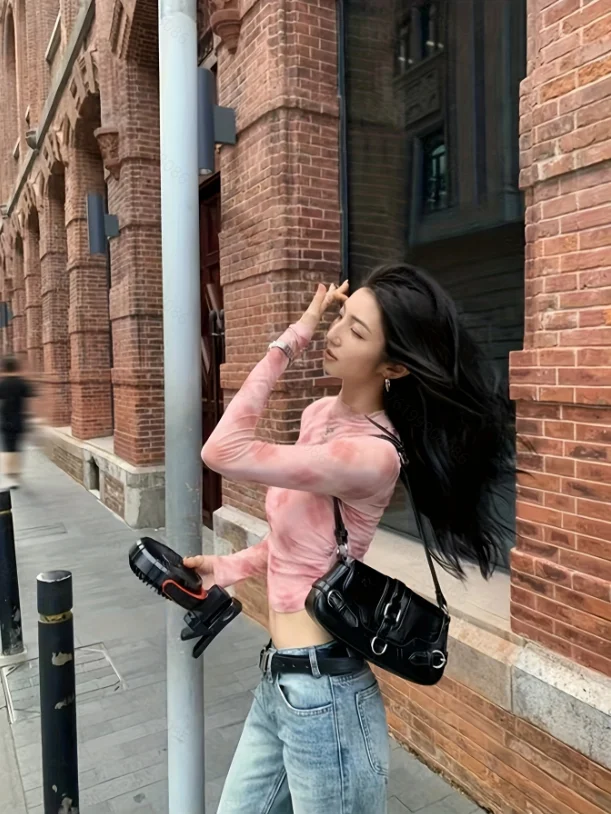 Camicetta da donna Camicia Moda Manica lunga O-Collo Tie-dye Camicetta sottile Camicia Donna Top Camisas Blusa Blusas Para Mujer Blusas Q1859