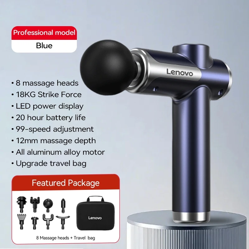 Lenovo krachtig draadloos massagepistool 8, massagekoppen, oplaadbaar, schouder, nek, taille, been, elektrisch fasciapistool