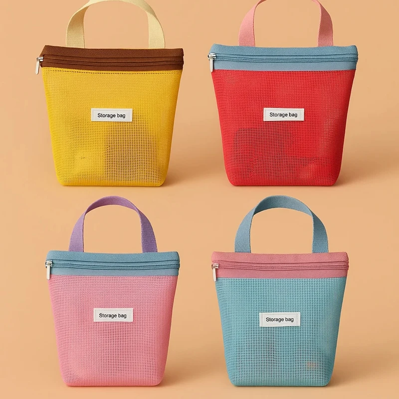 Ins Style Vibrant Bright Color Summer Mesh Tote Bag Small Cosmetic Handbag Foldable Portable Toiletry Bag Beach Bag Versatile