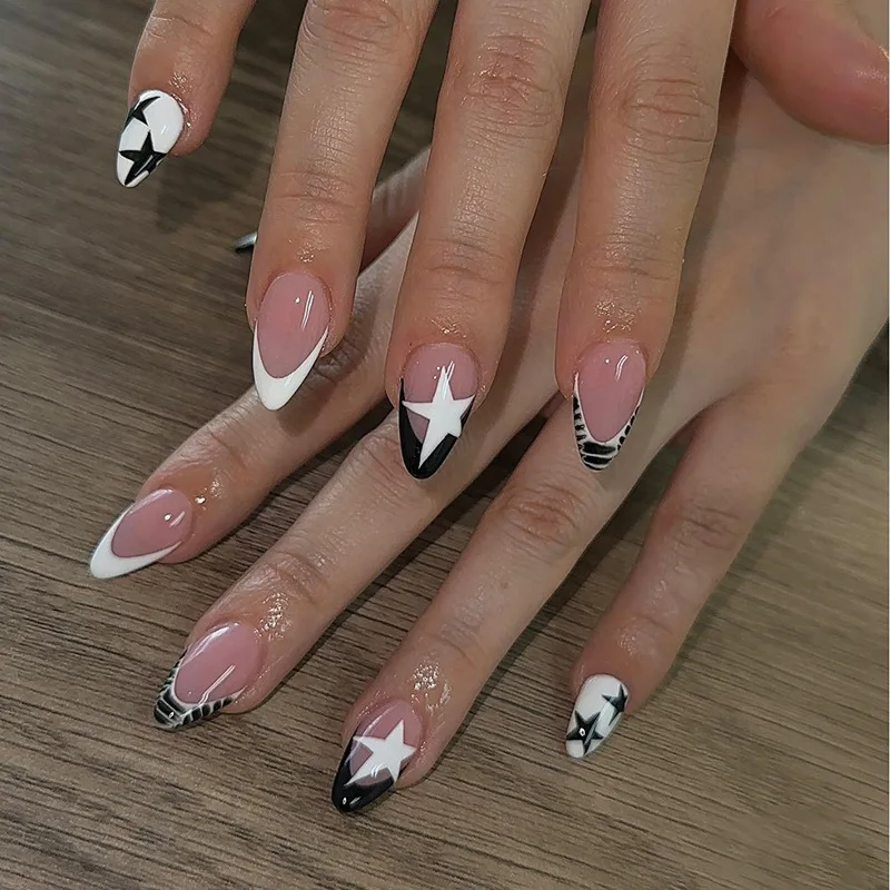 

24Pcs Black White French Design Press on Nails Pentagram Detachable Finished Full Cover False Nails Tips Short Almond Fake Nails