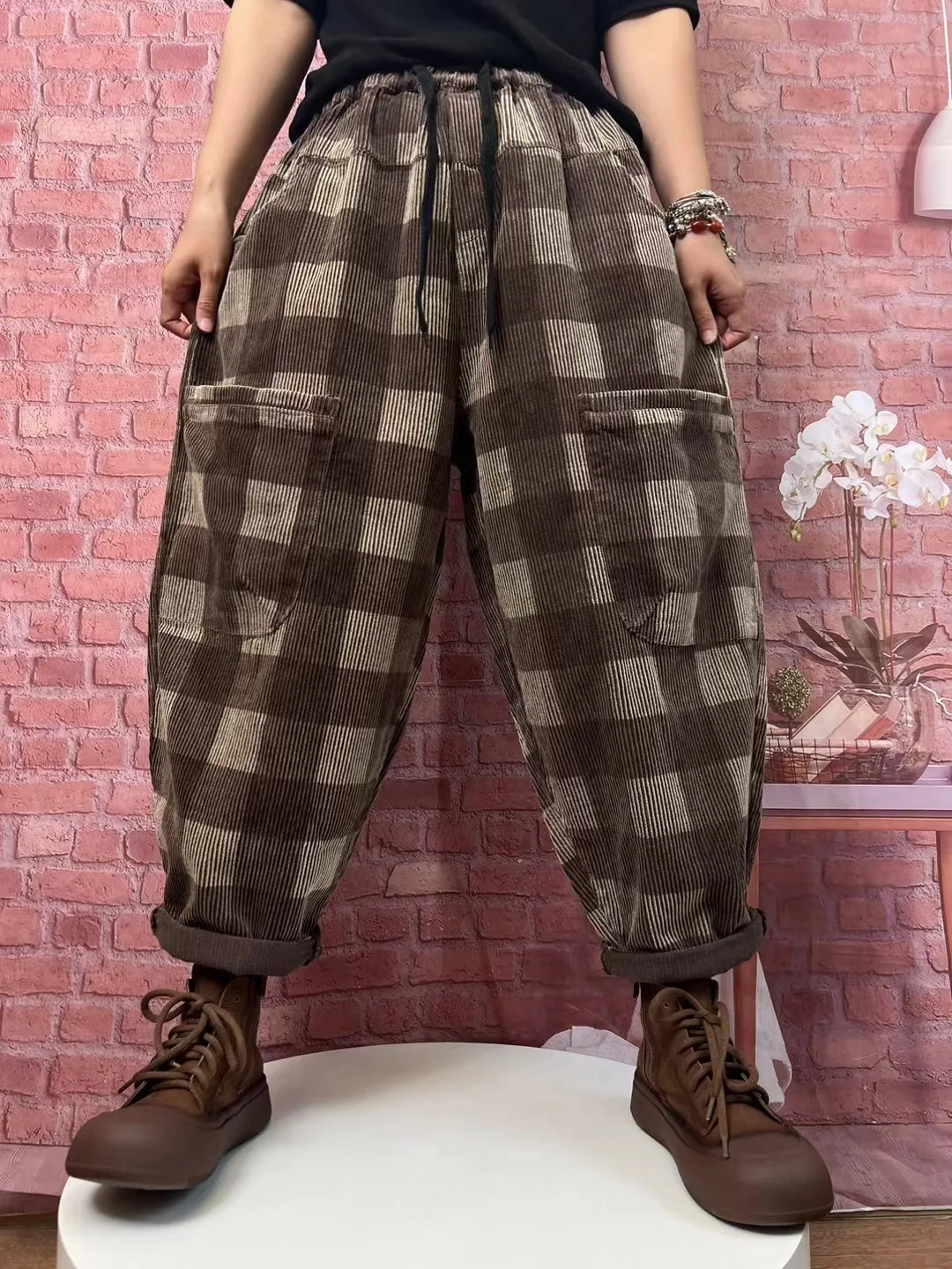 Autumn New Corduroy Patchwork Lattice Oversized Straight Harem Pants Woman Drawstring Streetwear Pocket Ankle-length Trousers