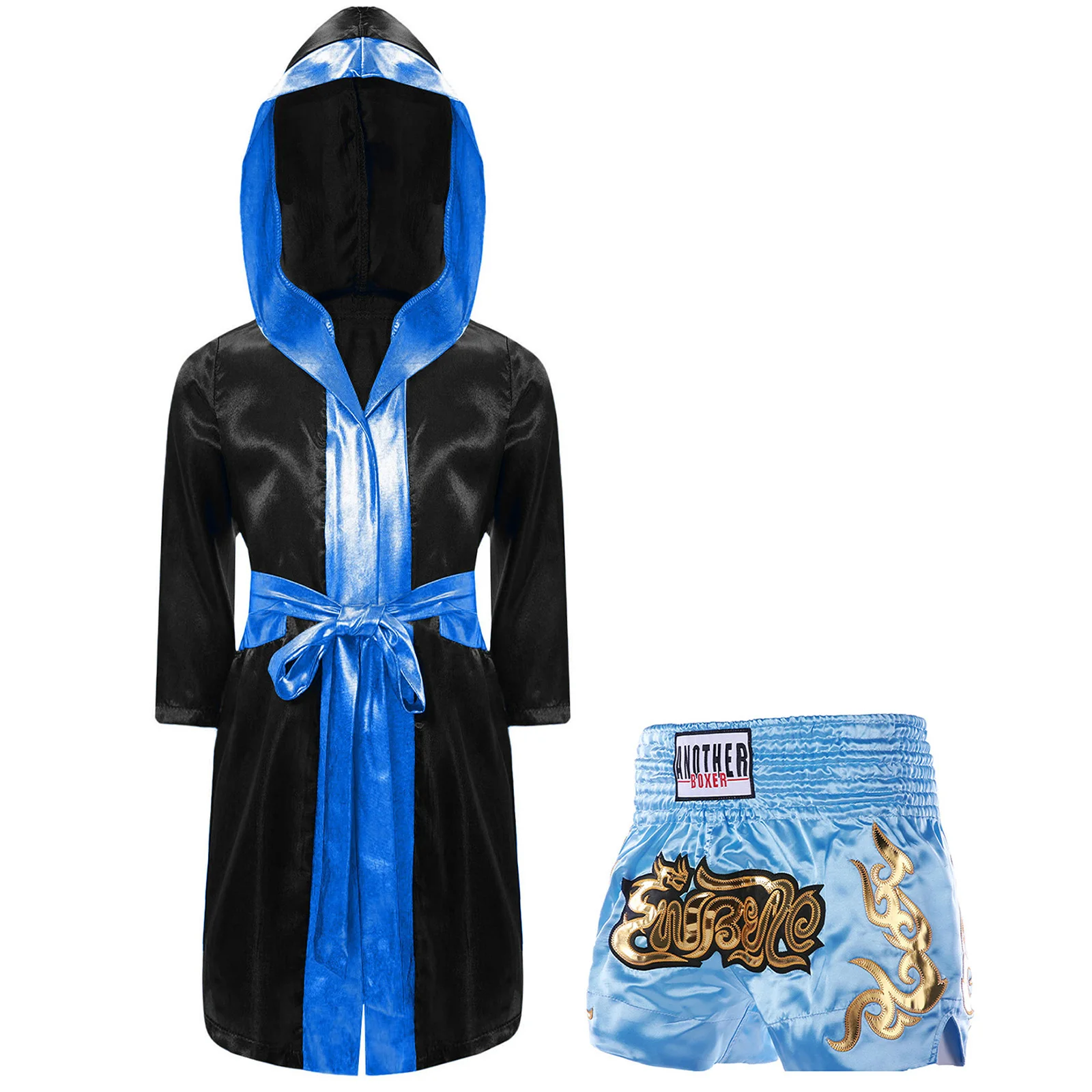 Kids Boxing Robes for Boys Martial Arts Outfit Muay Thai Metallic Trim Satin Hooded Robe with Shorts Fight Grappling Costume image 3