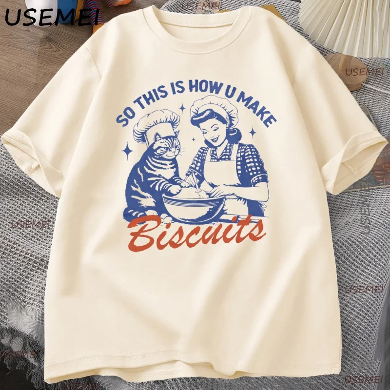 

Забавная футболка с котом, винтажная футболка для выпечки, ретро-кухня, юмор, футболка с котом, подарок для мамы, унисекс, футболка для приготовления пищи, свободная одежда
