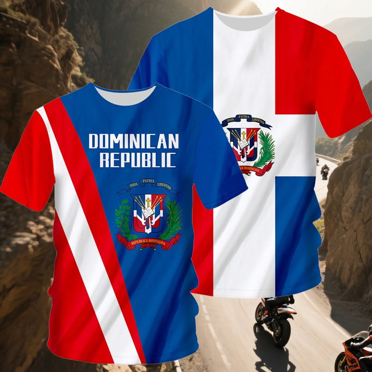 

New Dominican Print Quick Drying Breathable Motorcycle Short Sleeved Sports Leisure Football Running Fitness Round Neck T-shirt