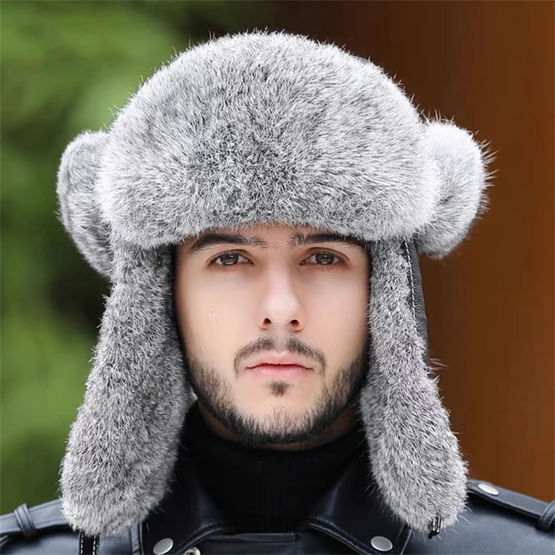 Chapéus bomber de pele de carneiro genuíno unissex inverno ao ar livre quente equitação e esqui pele de coelho russo ushanka com aba de orelha il00691