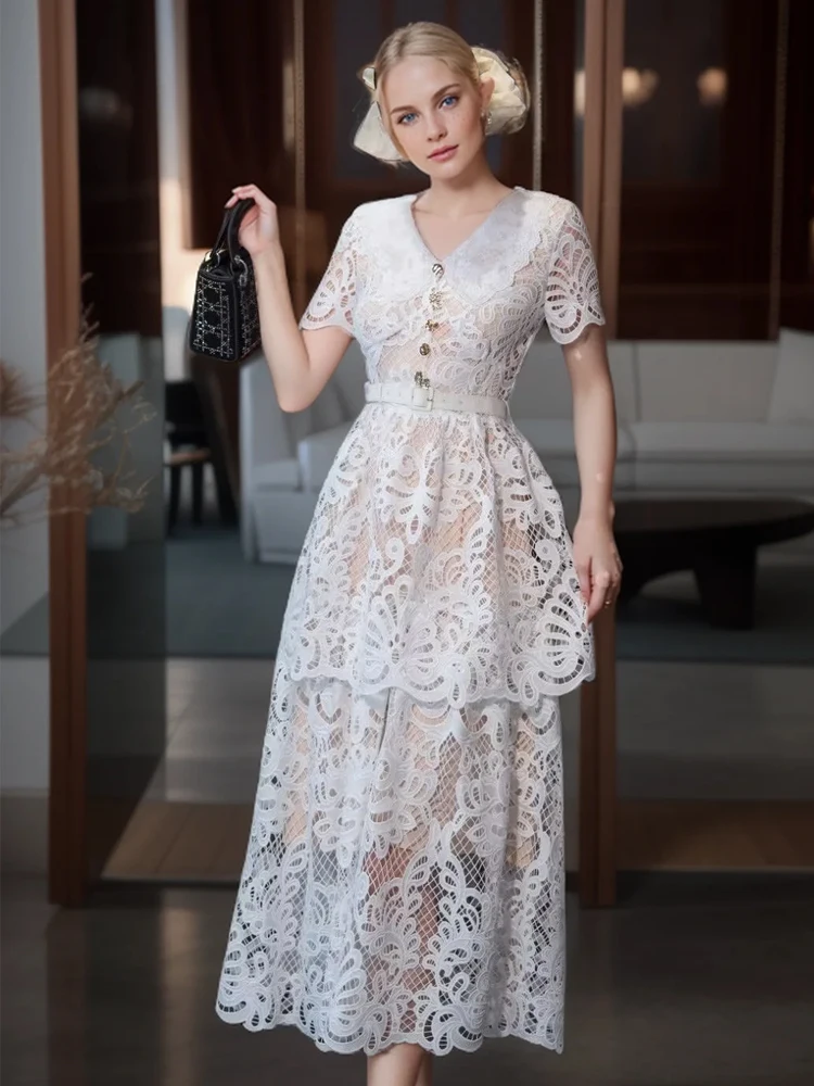 

SEQINYY Elegant White Dress Summer Spring New Fashion Design Women Runway Embroidery Flower Hollow Out Vintage Party Belt
