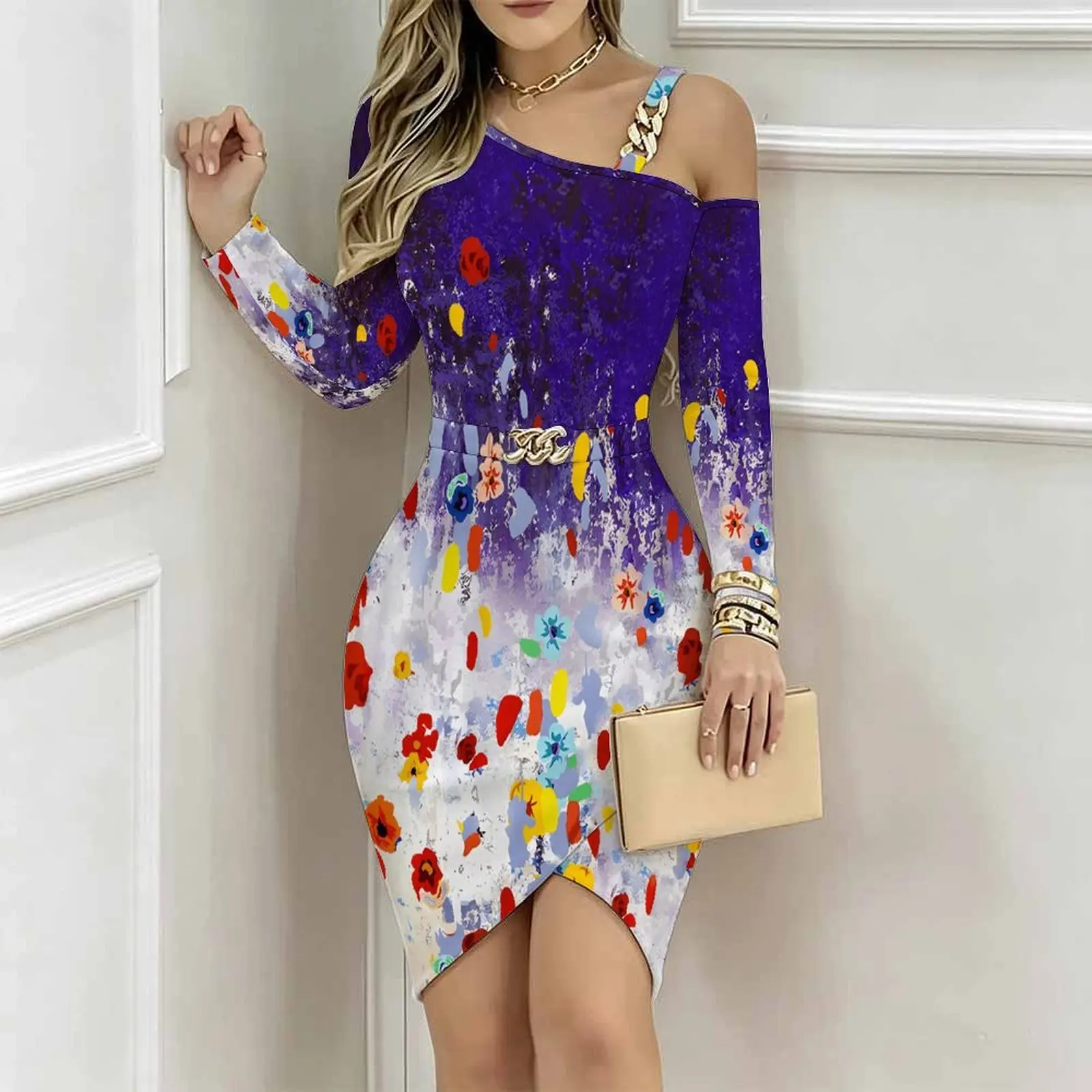 Women One Shoulder Bodycon Midi Dress Chain Strap Detail Metal Buckle Belt Irregular Split Hem Slim Fit Custom Print Part Dress