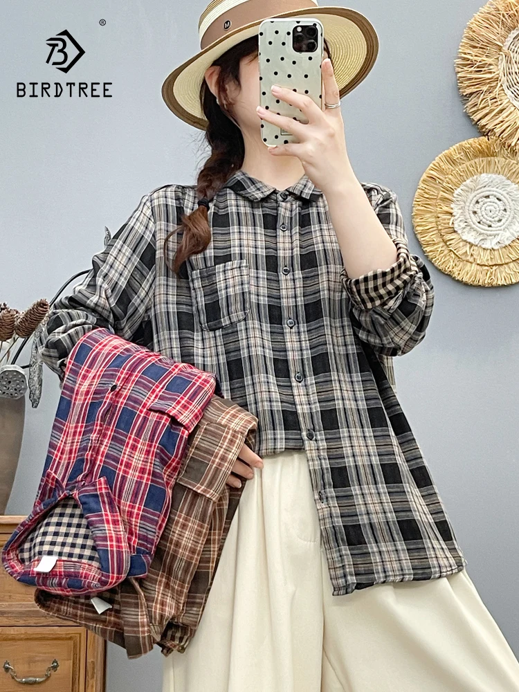 

New 2025 Autumn Cotton Yarn Long Sleeve Shirt, Women Turn-down Collar Plaid, Mori Girl Breathable Casual Loose Blouse T59153CC