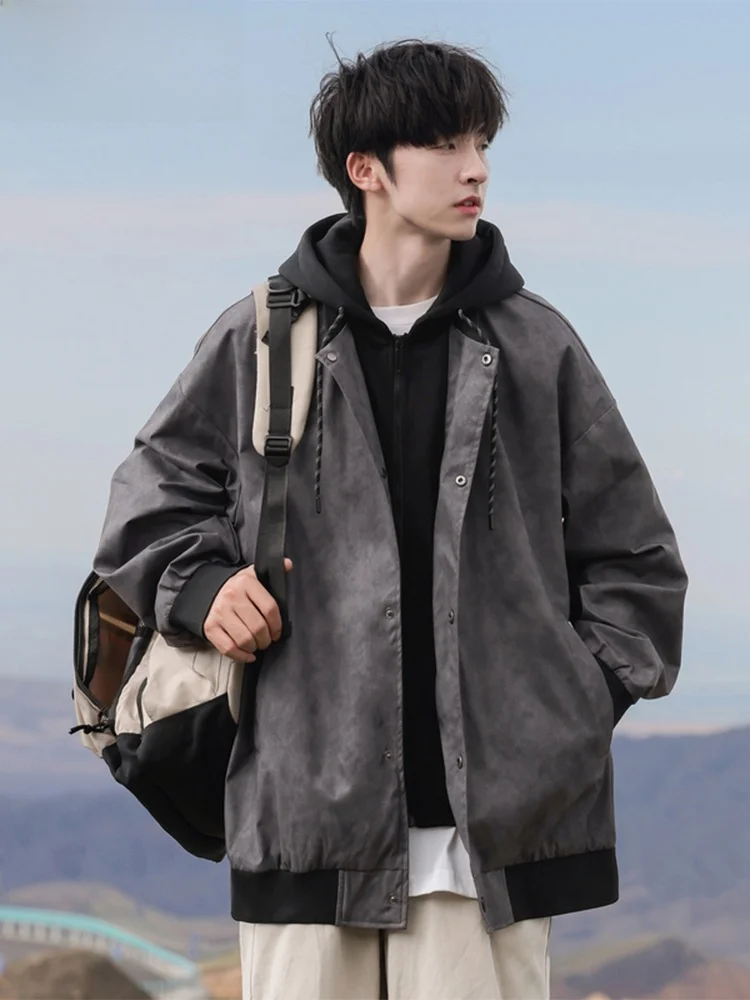 

Wassup Happy American Sle PU Leather Hooded Jaet Men's Loose Casual Autumn Winter Faion Brand Outerwear Coat