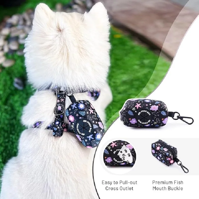 Dog harness collar leash, bracket with poo bag 4 sets, adjustable non-pull soft net cushion back heart, combination