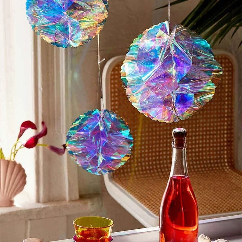 Rainbow Film Flower Ball Honeycomb Colorful Iridescent Foil Pendant Hanging Decor Party Supplies for Wedding Birthday Decoration