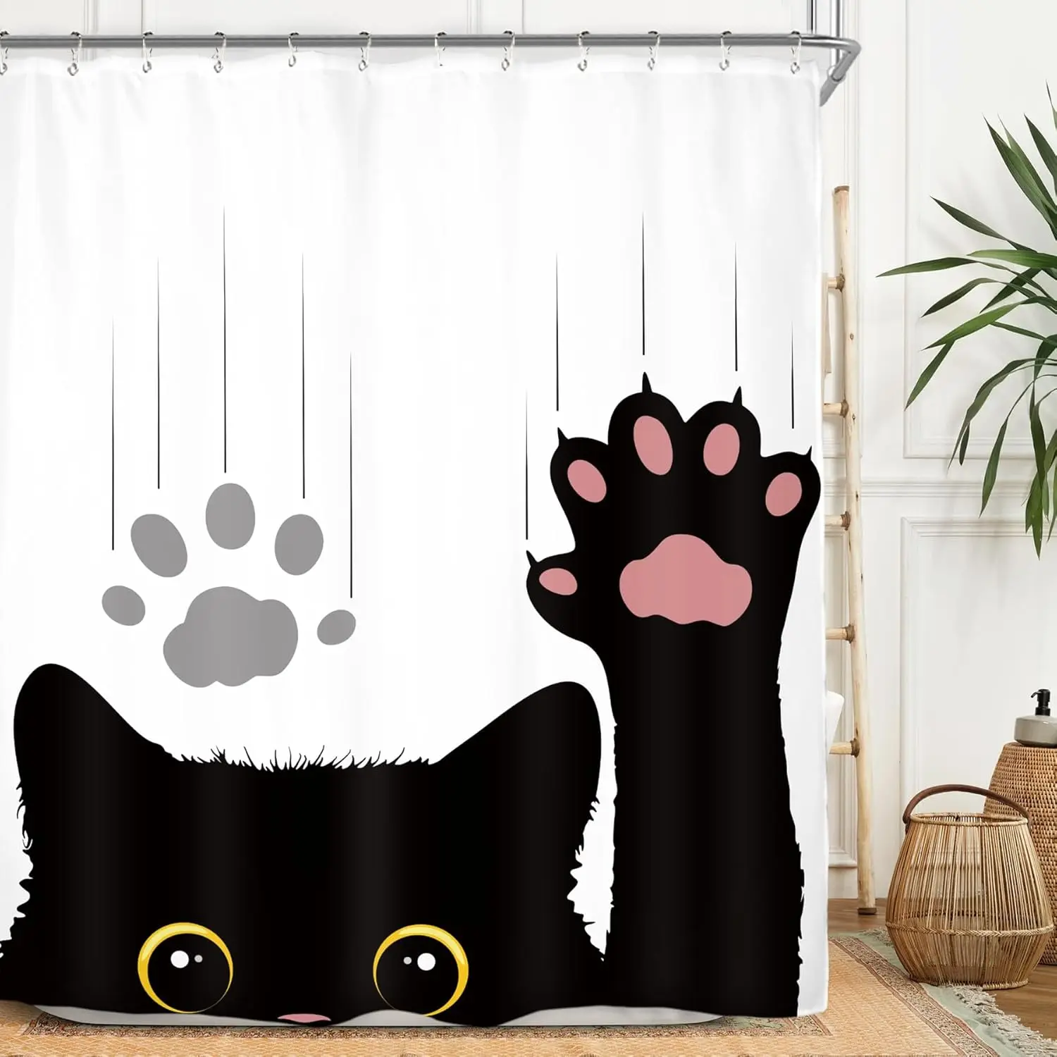 

Funny Cat Cute Cartoon Kids Shower Curtain Set 71Wx71H Inches Children Black White Paw Animal Polyester Waterproof Cloth