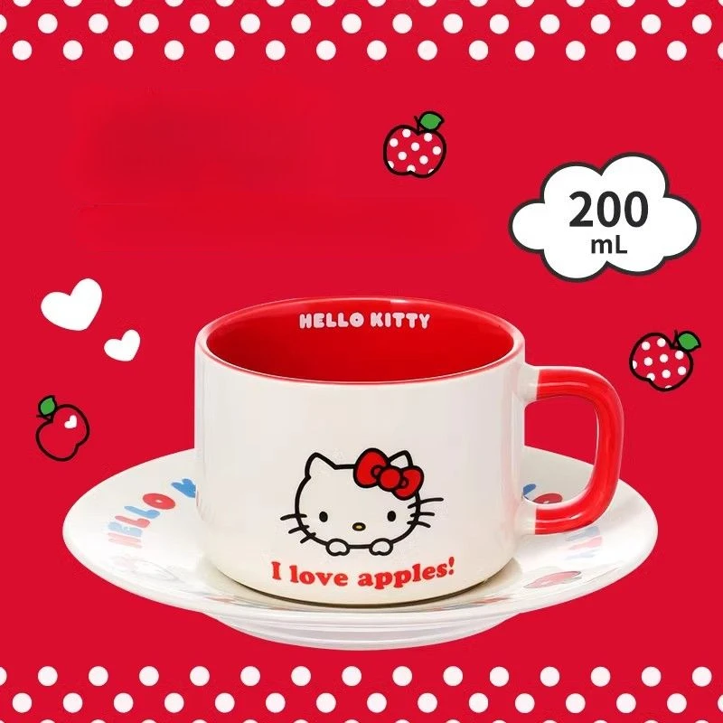 MINISO sanrio Hello Kitty Apple series ceramic cup with saucer cute new 200mL mug and saucer set coffee cup