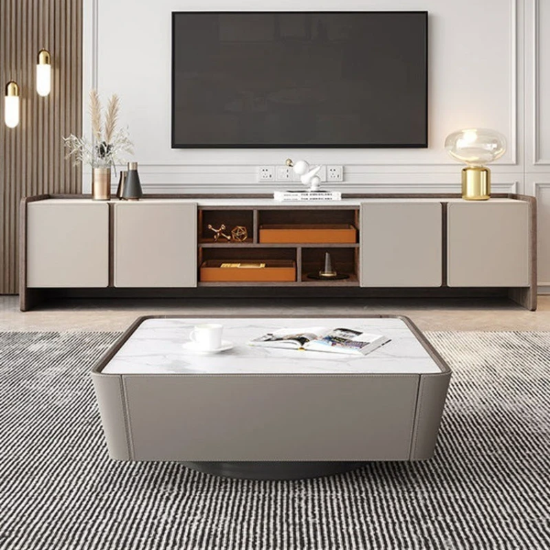 

Italian rock slab coffee table TV cabinet combination modern minimalist living room high-end creative saddle leather square