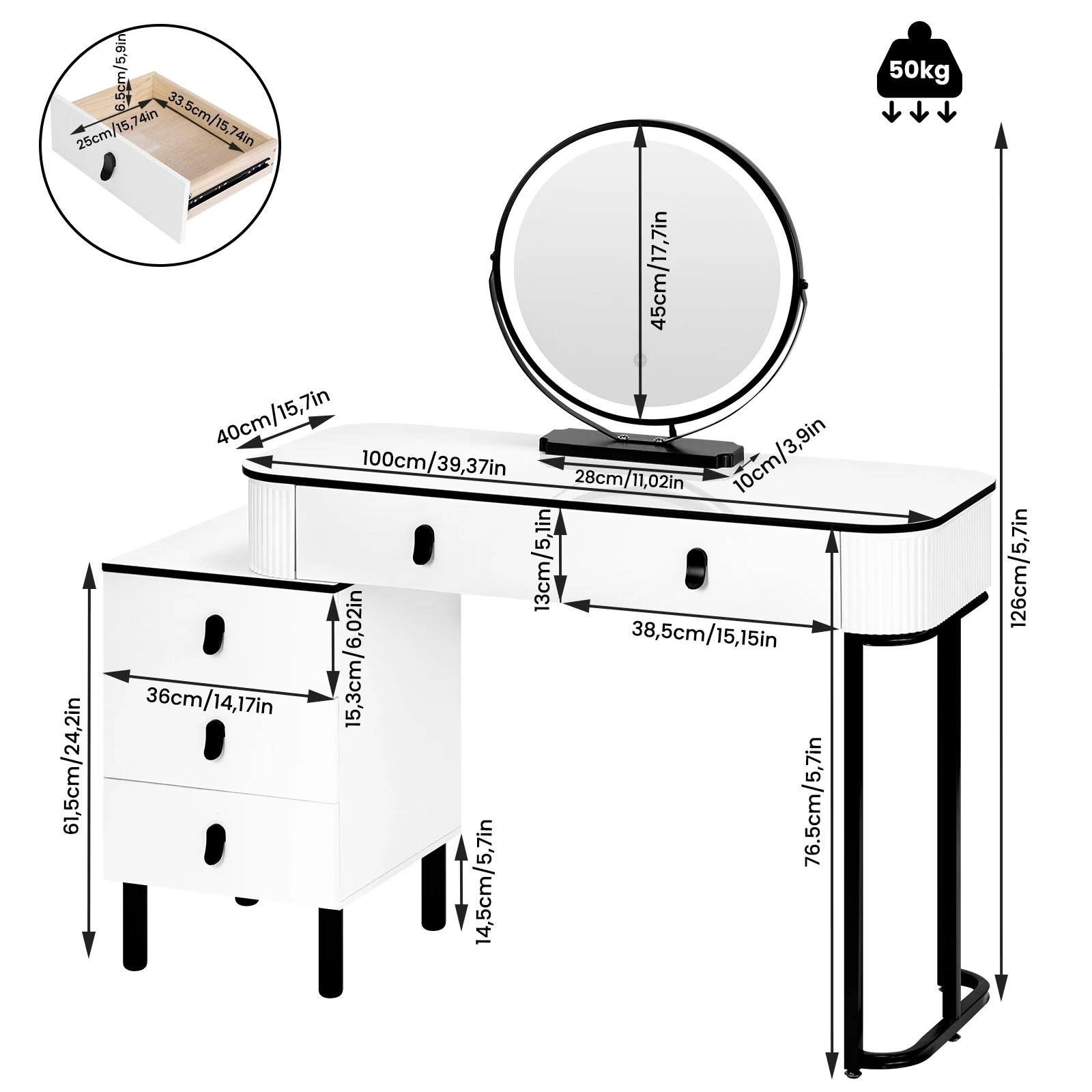 WOLTU Schminktisch mit LED-Beleuchtung, mobiler Spiegel, für Mädchen und Frauen, Waschtisch, flexible Montage, Make-up-Kosmetiktisch für Schlafzimmer – Detail 4