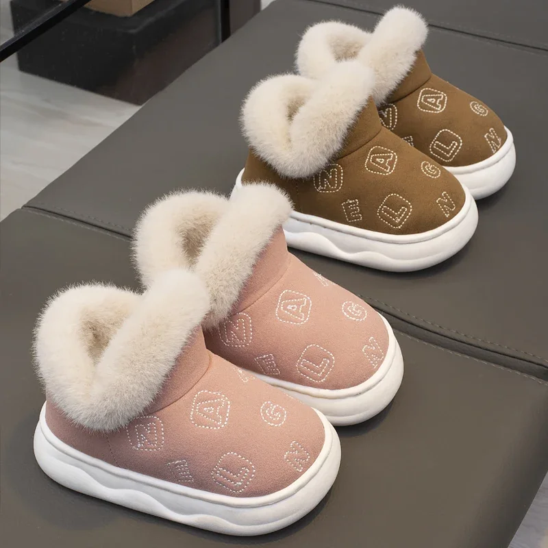 Fashion Winter Children\'s Fluffy Home Shoes Cover Heel Boys Girls Casual Boots Non-slip Warm Kids Slip On Cotton-padded Shoes