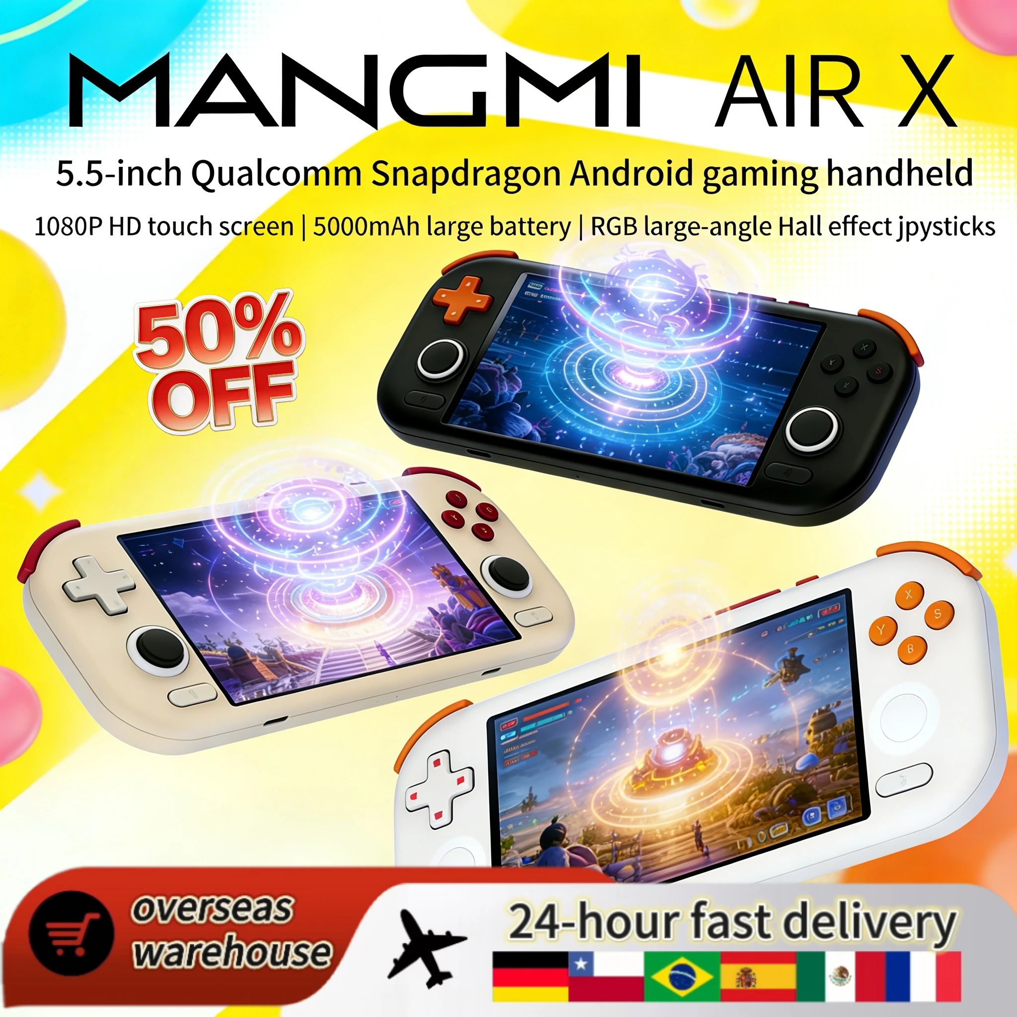 

Портативная игровая консоль MANGMI AIR X с процессором Qualcomm Snapdragon 662, 5.5-дюймовым сенсорным экраном, Android 14, быстрой зарядкой, активным охлаждением и RGB-подсветкой
