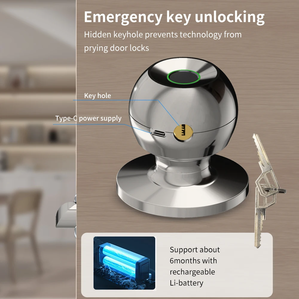 Imagem -06 - Fingerprint Safe Electronic Lock Porta Redonda Knob Rotation Lock Doorknob Lock com Chave Tuya App 1set Aço Inoxidável