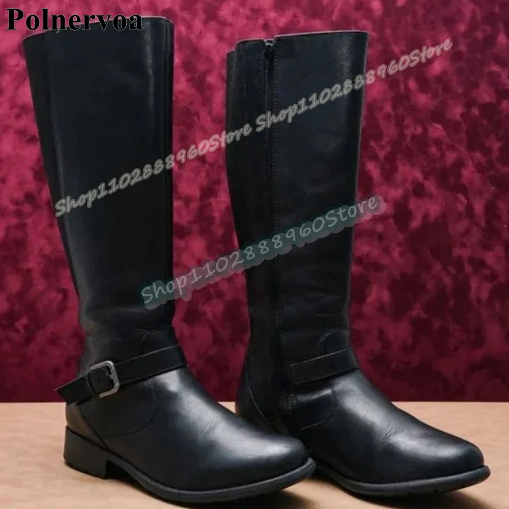 

Knee High Black Leather Buckle Strap Knight Boots Flats Shoes For Women Side Zipper Round Toe Fashion 2026 Zapatos Para Mujer
